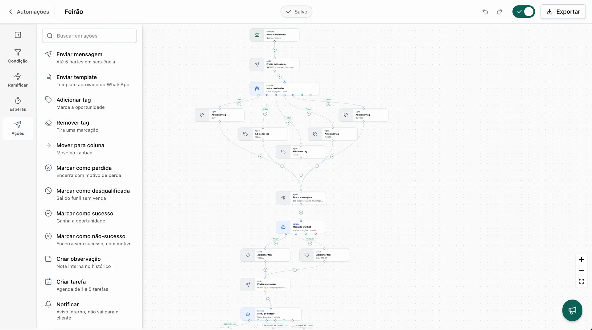 Editor visual de automações do Virtus CRM com gatilho, menu de chatbot e ações
