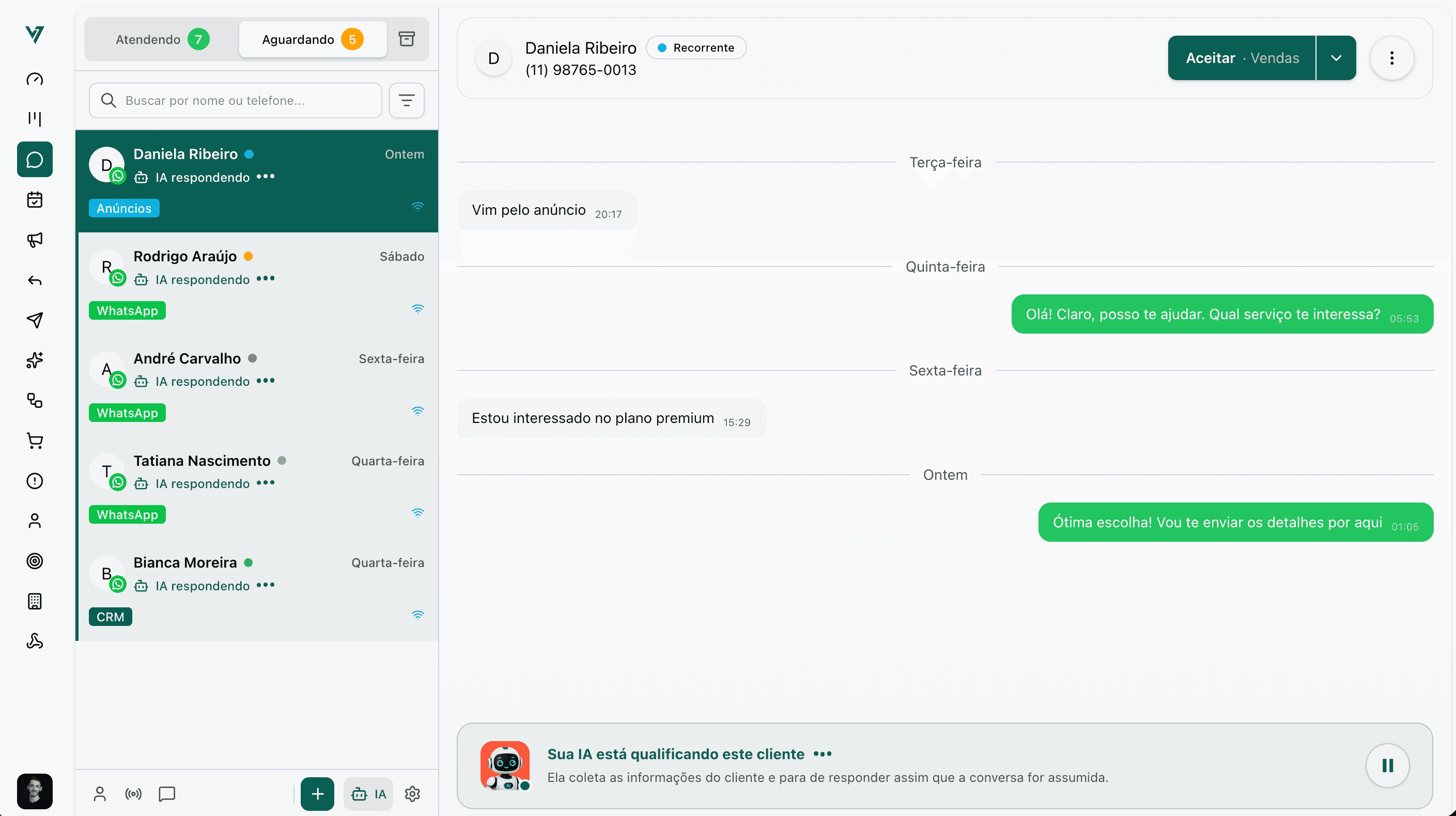 Agente de IA qualificando leads no WhatsApp dentro do Virtus CRM