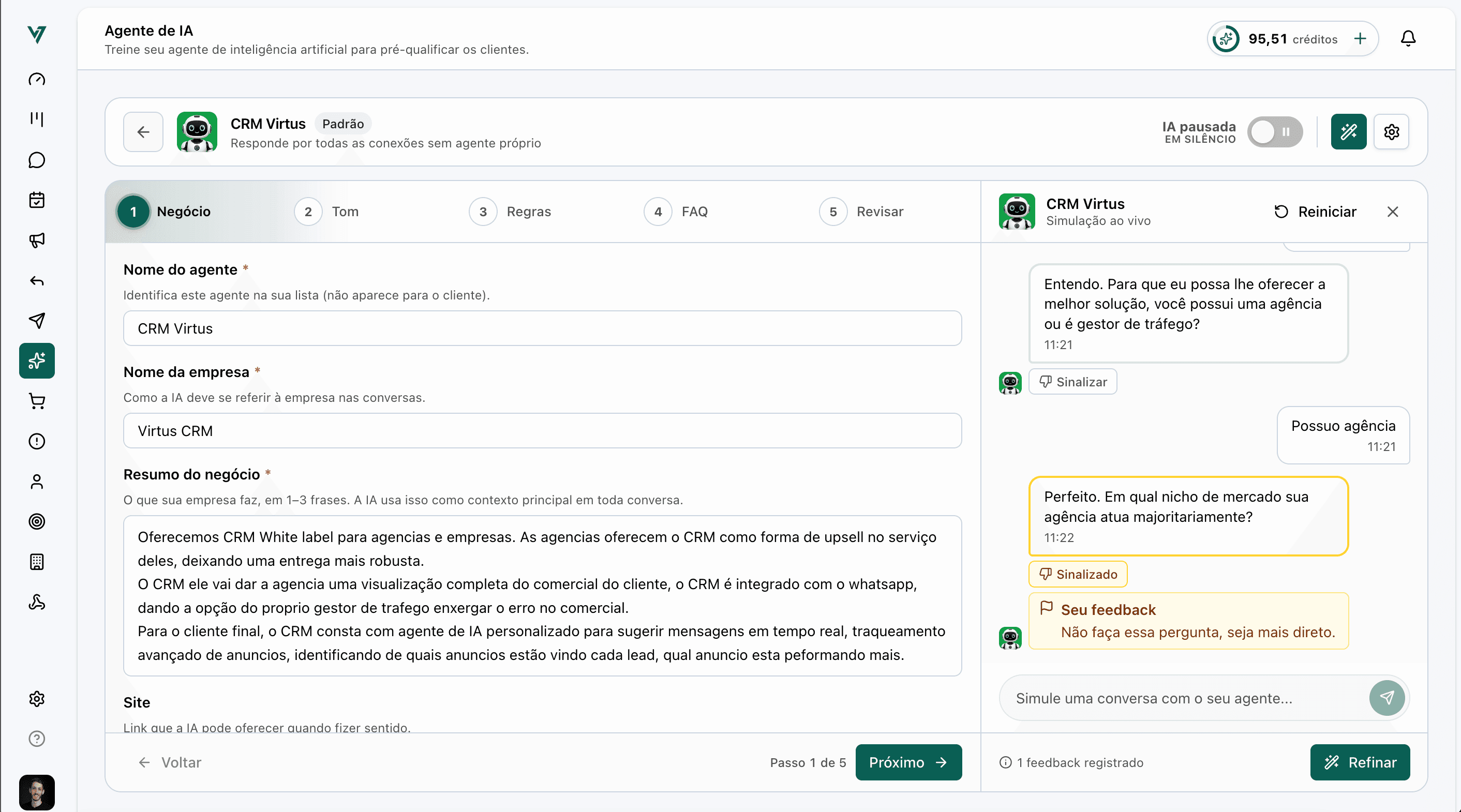Simulação de conversa com feedback para refinar o agente de IA no Virtus CRM