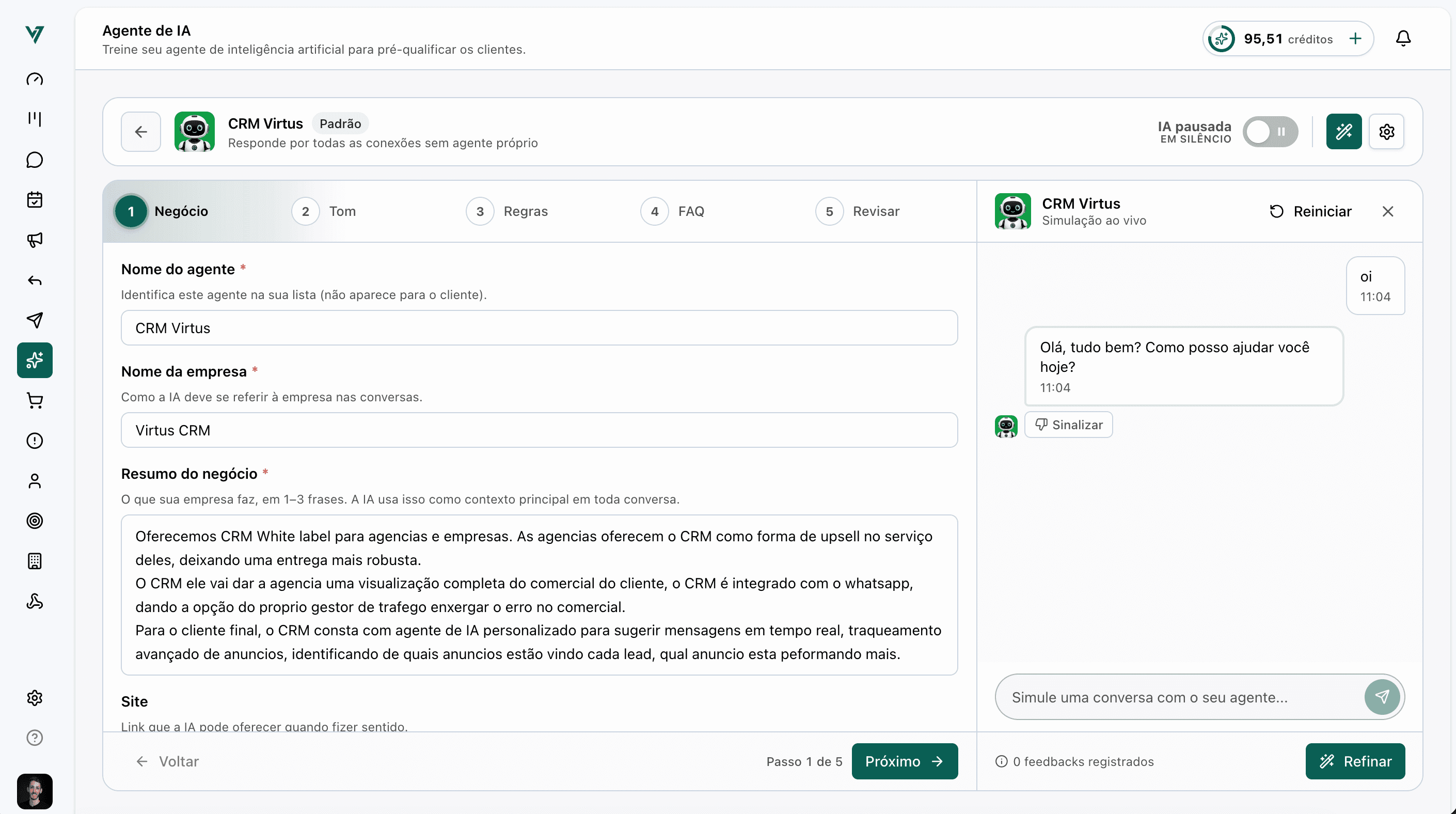Formulário de treinamento do agente de IA com resumo do negócio no Virtus CRM