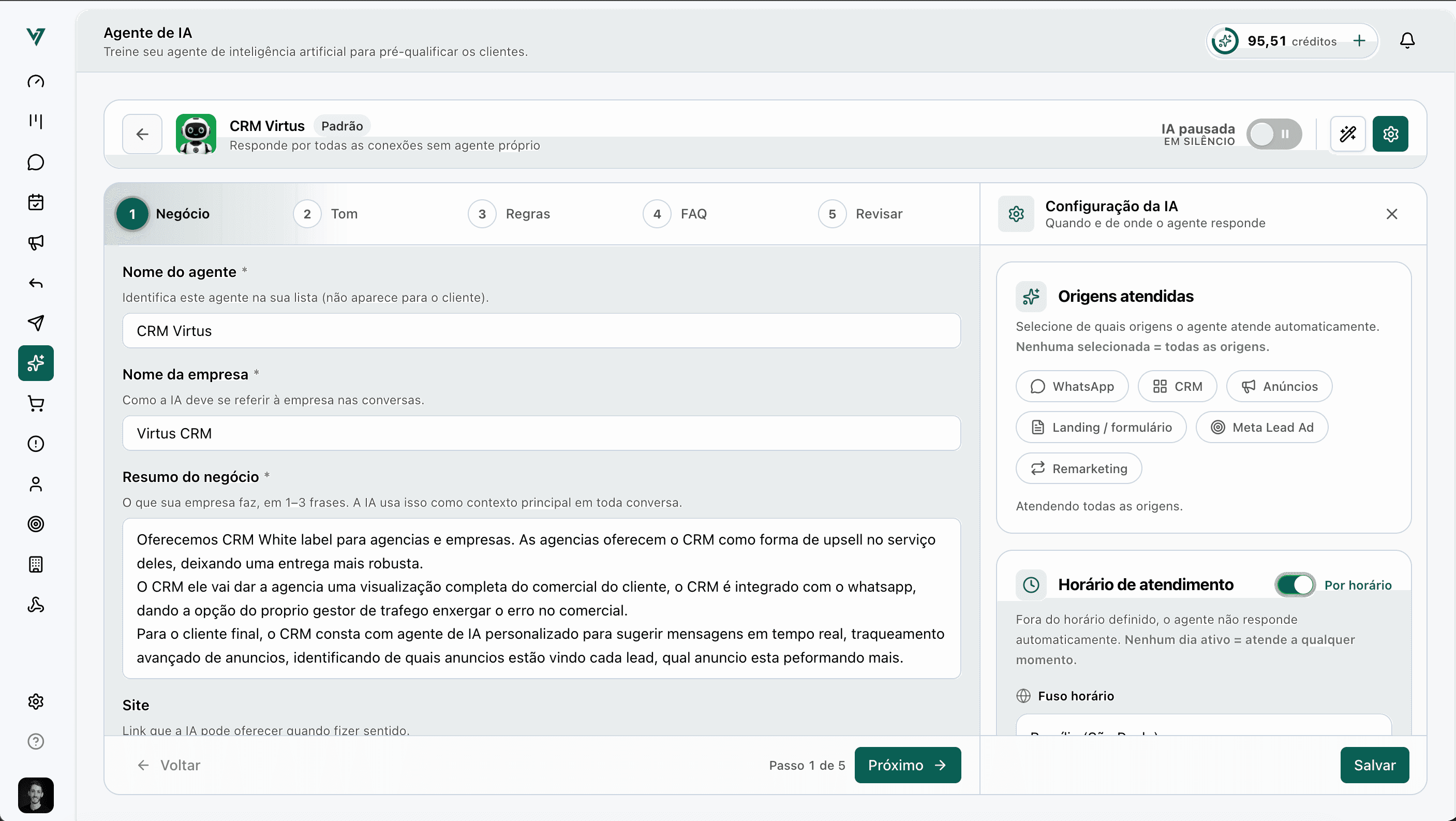 Configuração de origens atendidas pelo agente de IA no Virtus CRM
