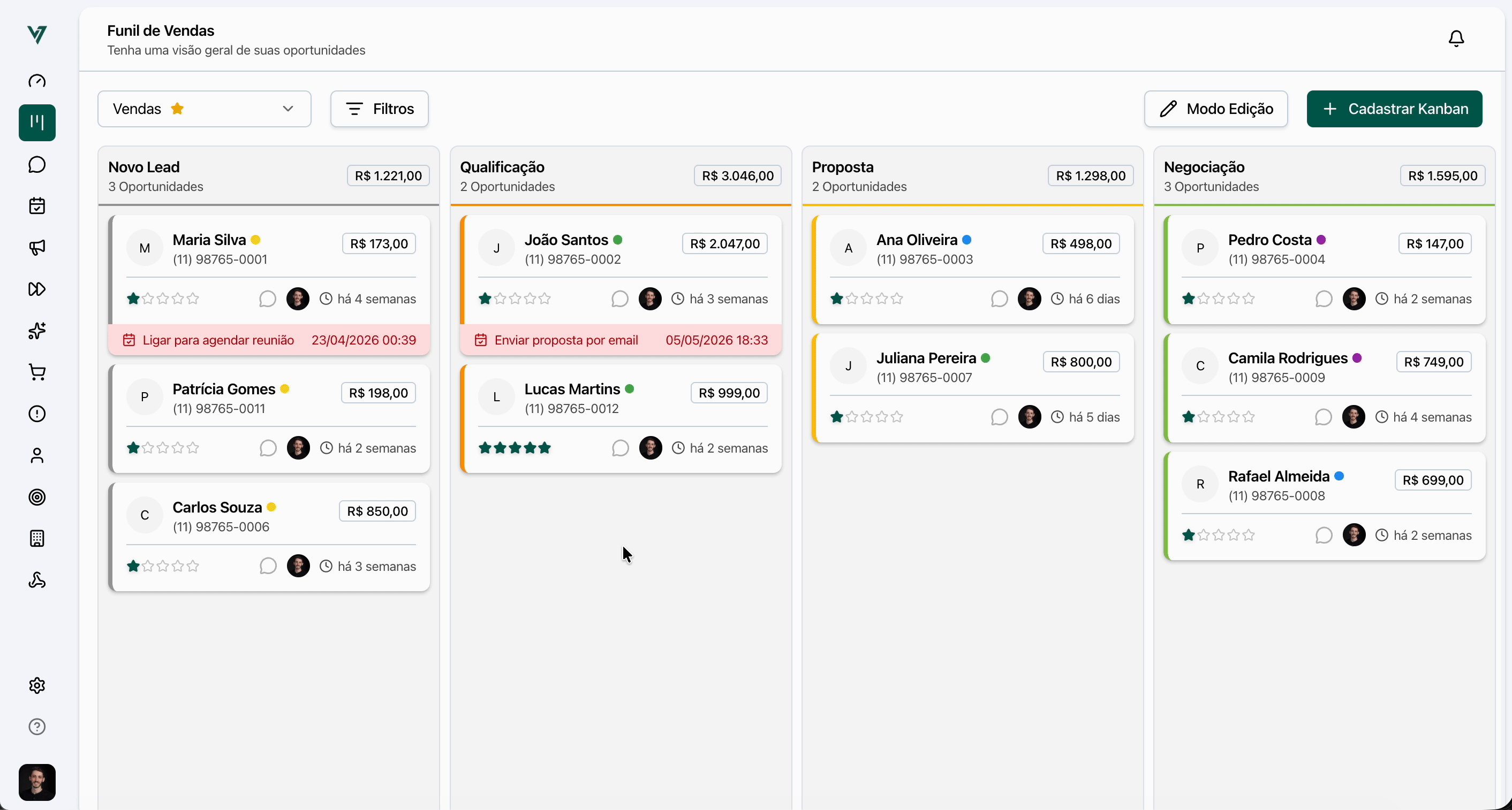 Kanban de vendas do Virtus CRM